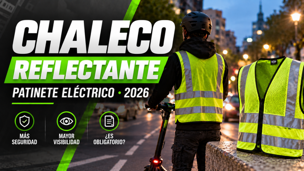 Usuario de patinete eléctrico con chaleco reflectante amarillo de noche