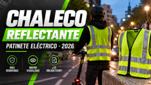 Usuario de patinete el&eacute;ctrico con chaleco reflectante amarillo de noche
