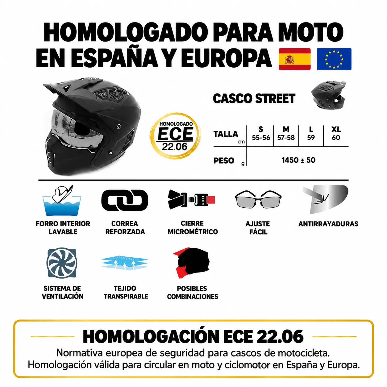 Casco Street Negro Homologado DGT